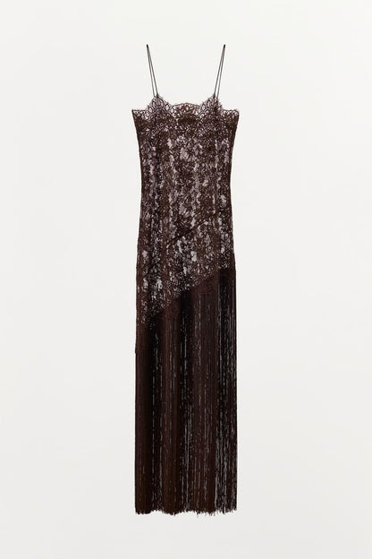 Sheer Lace Fringe Slip Maxi Dress
