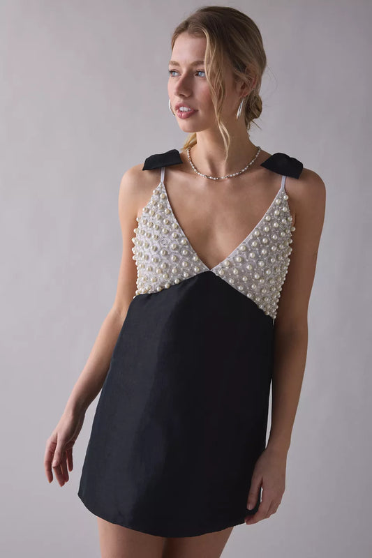Pearly Bow Beaded Mini Dress