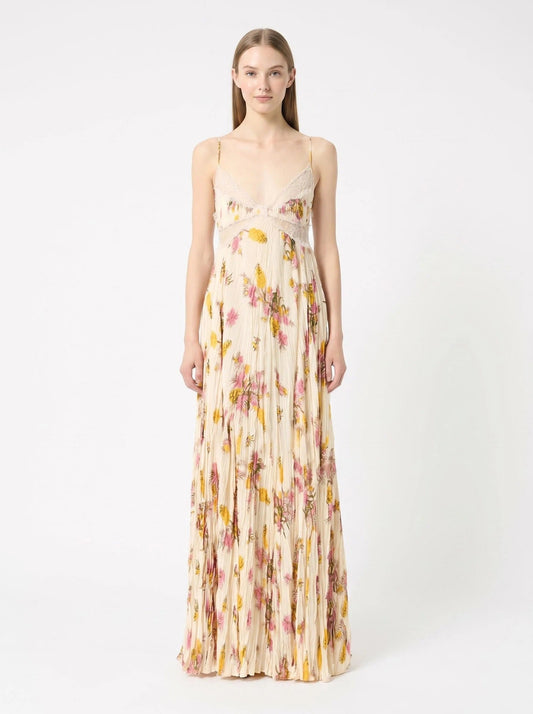 Ione Floral Lace Tie-Back Pleated Maxi Dress - Moonlit Wildflower