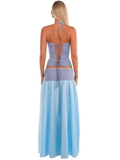 Blue Contrast Waist Flowy Maxi Skirt
