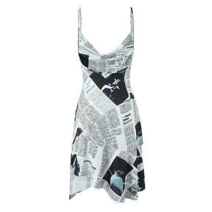 Vintage Print Slim Fit Irregular Hem Cami Mini Dress