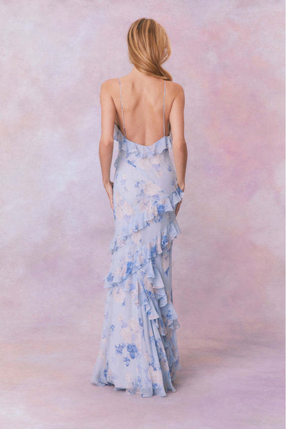 Lunar Blue Floral Ruffle Chiffon Maxi Dress - Moonlit Whisper Edition