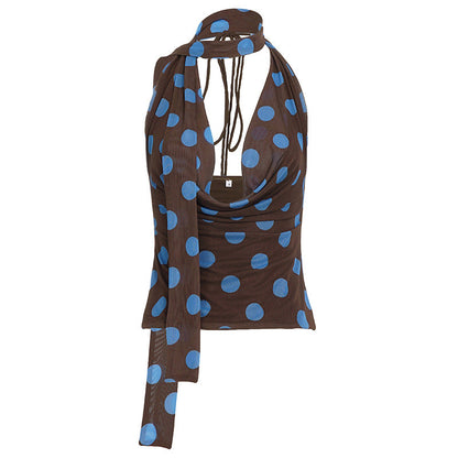 Dot Sheer Cowl Halter Crop Top