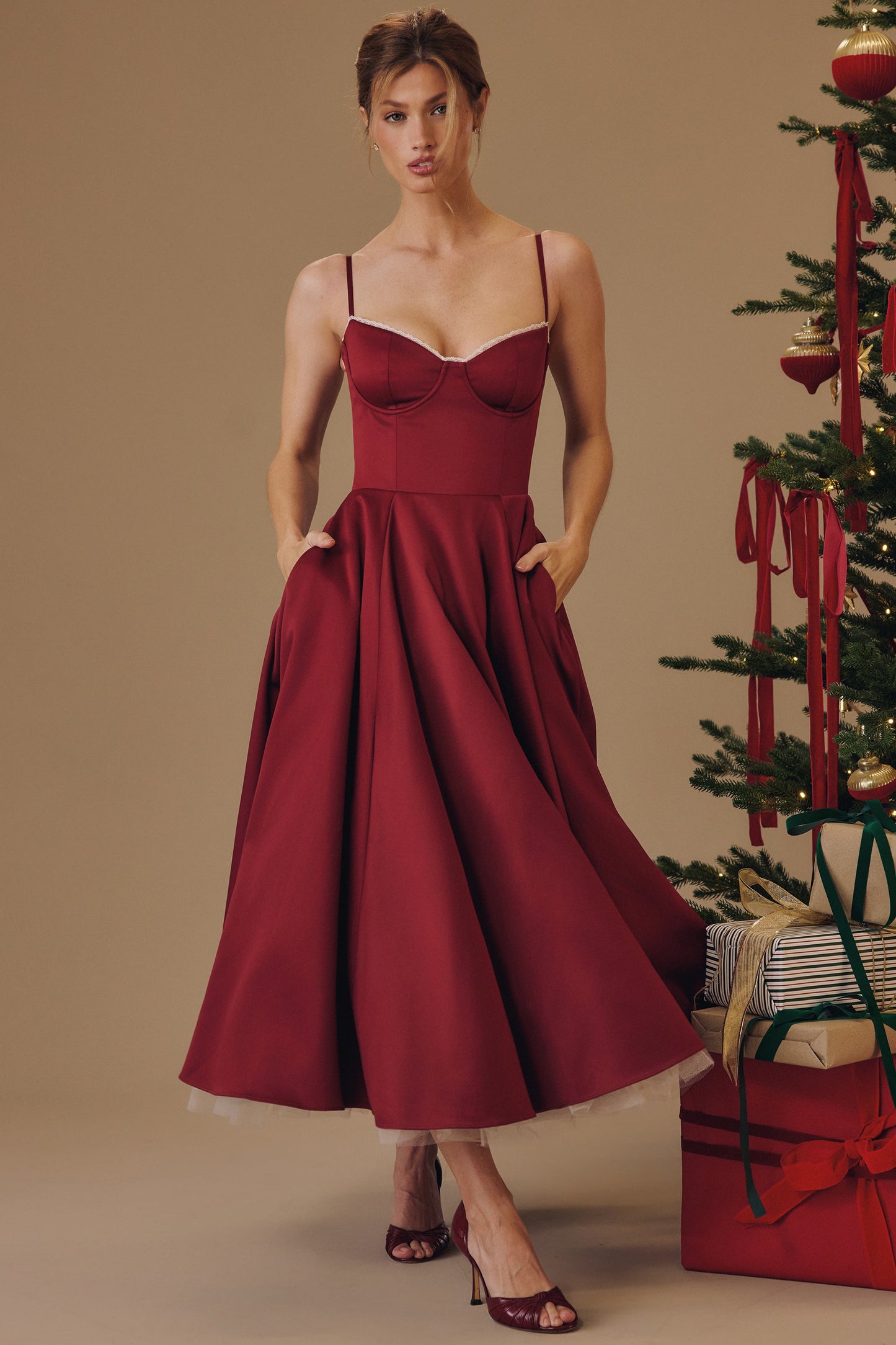 Burgundy Satin Corset Midi Dress