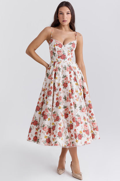 Floral Satin Corset Midi Dress
