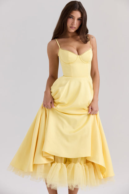 Yellow Satin Corset Midi Dress